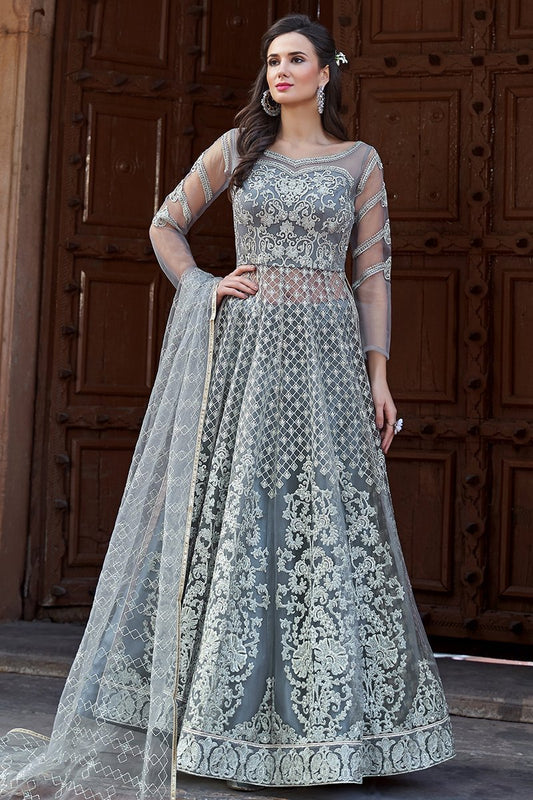 Grey Embroidered Net Anarkali Lehenga Style Suit
