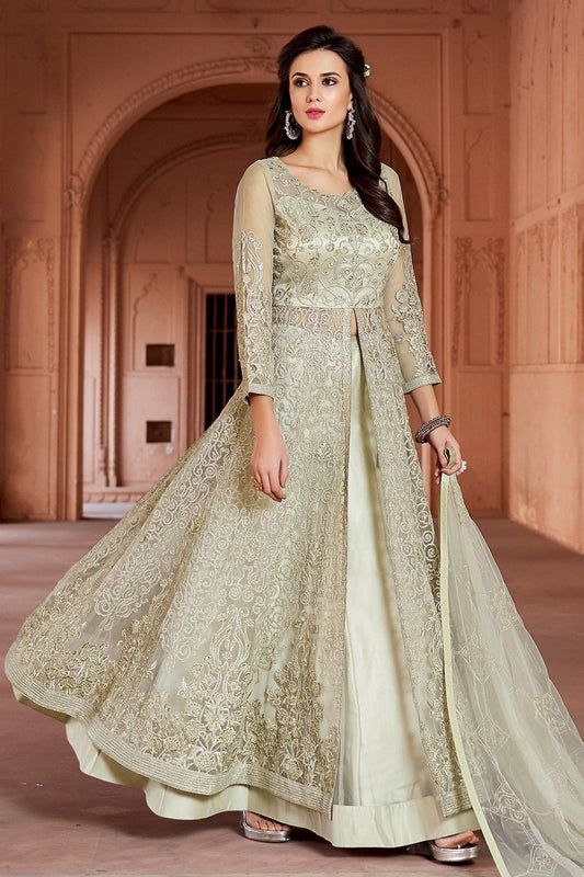 Frost White Embroidered Net Anarkali Lehenga Style Suit