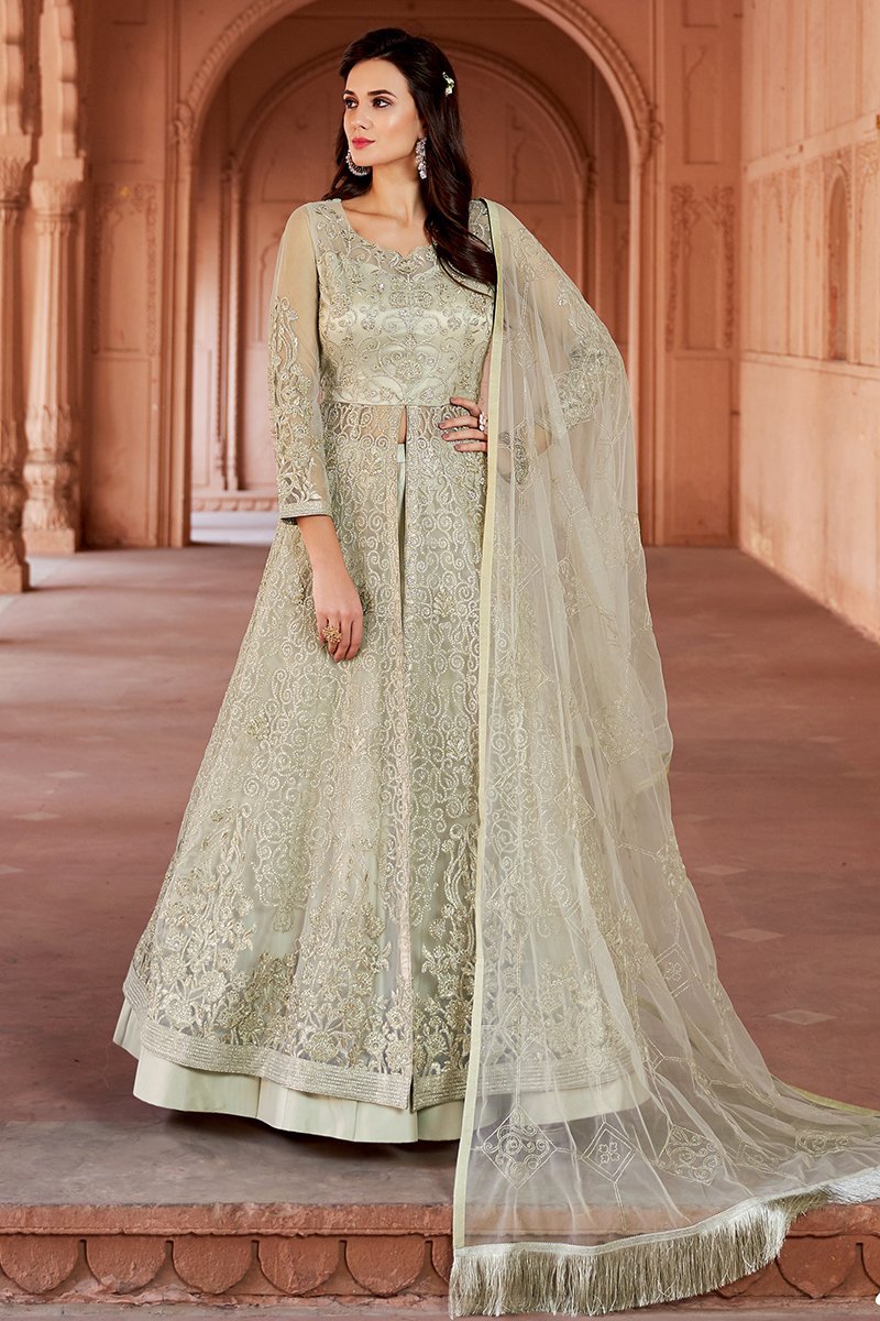 Frost White Embroidered Net Anarkali Lehenga Style Suit