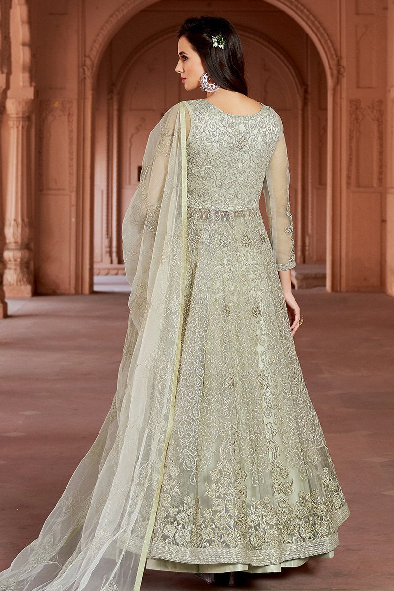 Frost White Embroidered Net Anarkali Lehenga Style Suit