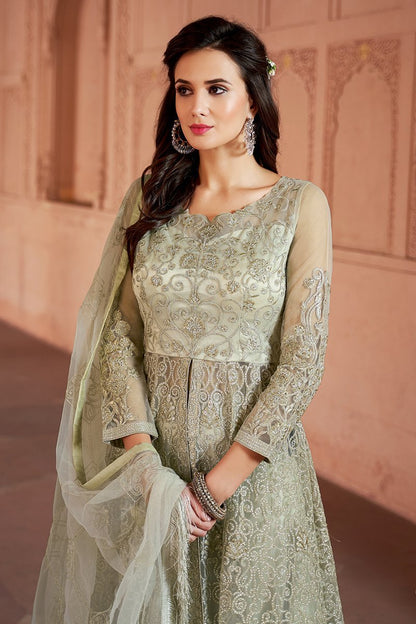 Frost White Embroidered Net Anarkali Lehenga Style Suit