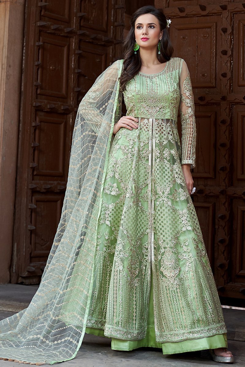 Minty Green Embroidered Net Anarkali Lehenga Style Suit