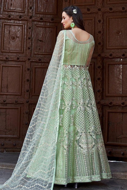 Minty Green Embroidered Net Anarkali Lehenga Style Suit