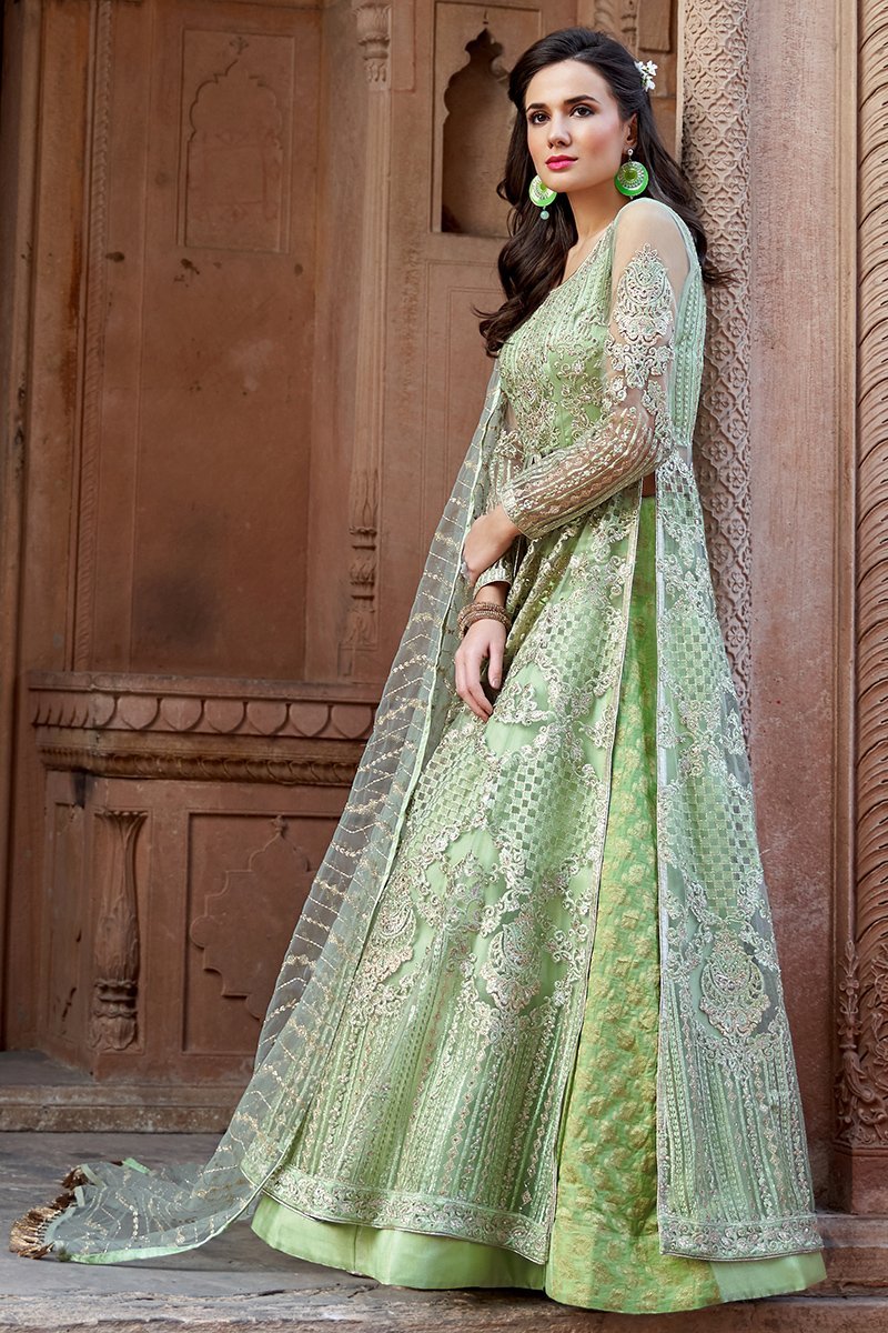 Minty Green Embroidered Net Anarkali Lehenga Style Suit