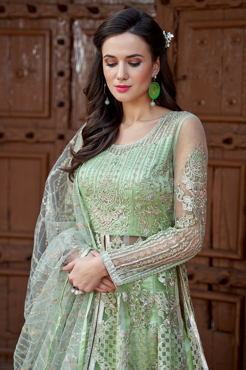Minty Green Embroidered Net Anarkali Lehenga Style Suit