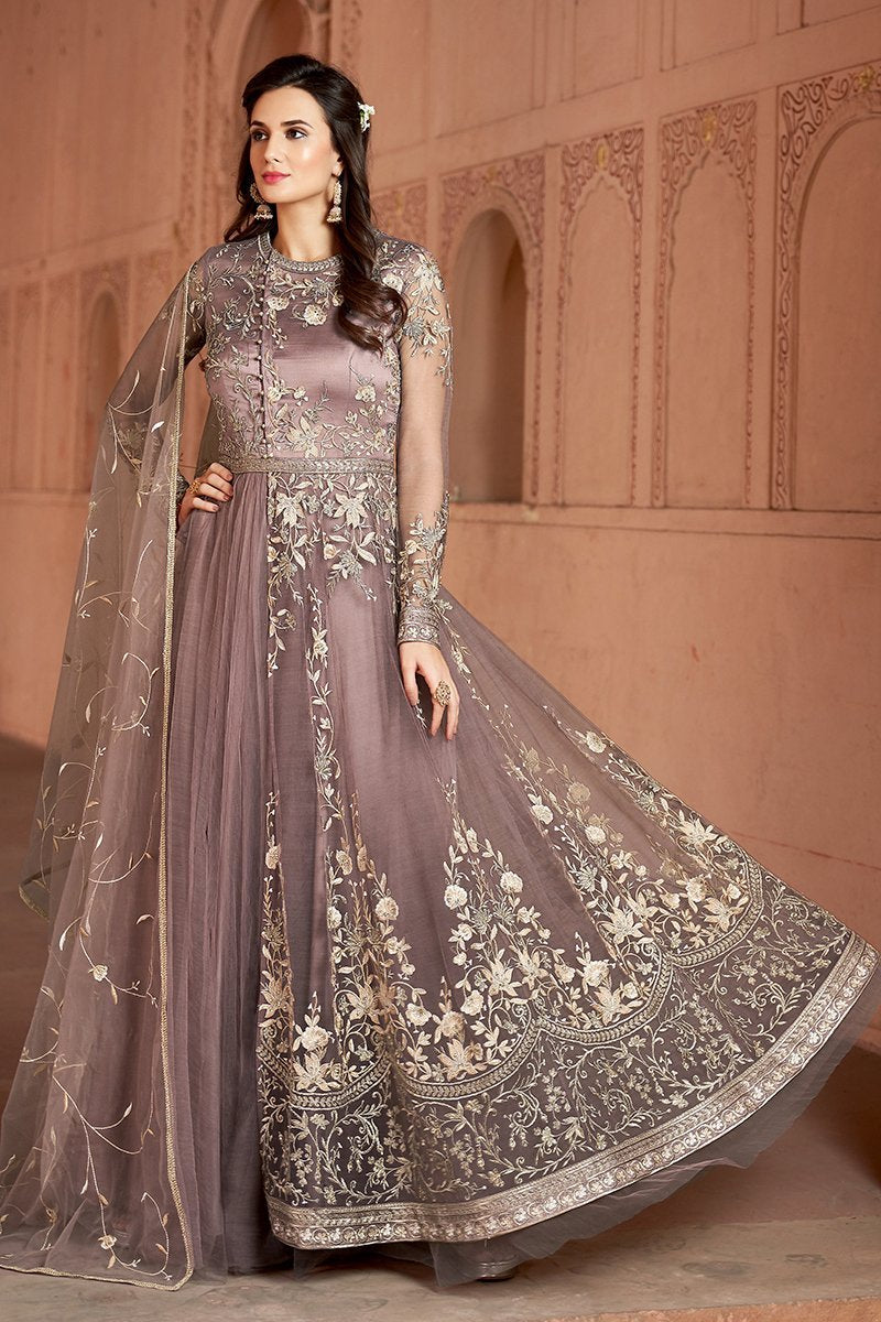 Lavender Embroidered Net Party Wear Anarkali Suit