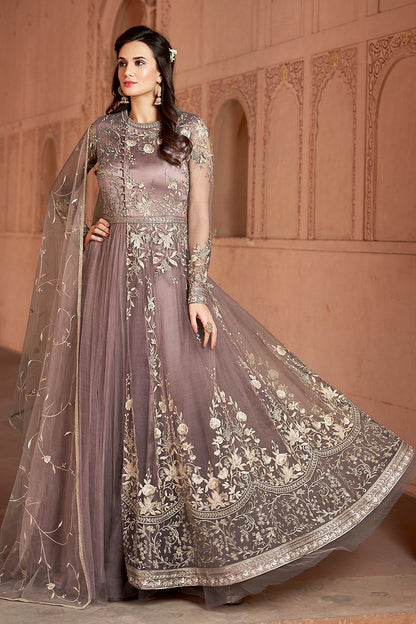 Lavender Embroidered Net Party Wear Anarkali Suit
