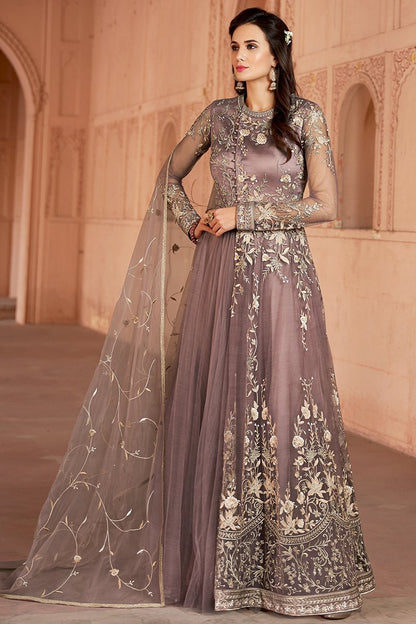 Lavender Embroidered Net Party Wear Anarkali Suit