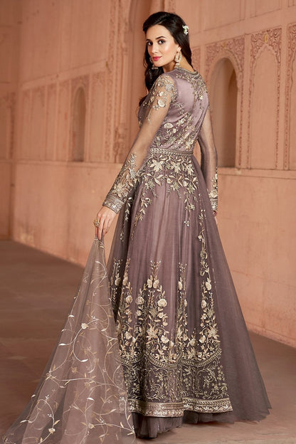 Lavender Embroidered Net Party Wear Anarkali Suit