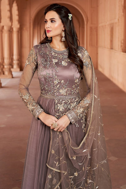 Lavender Embroidered Net Party Wear Anarkali Suit
