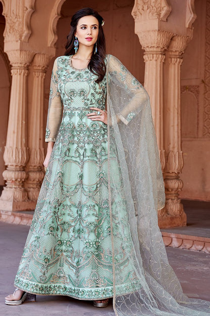 Snow White Embroidered Net Party Wear Anarkali Suit