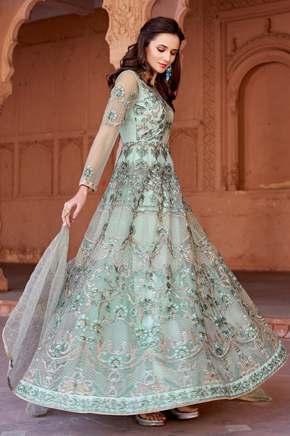 Snow White Embroidered Net Party Wear Anarkali Suit