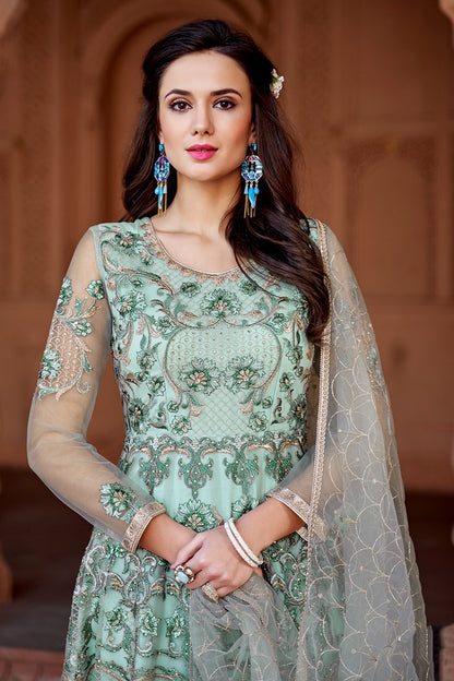 Snow White Embroidered Net Party Wear Anarkali Suit
