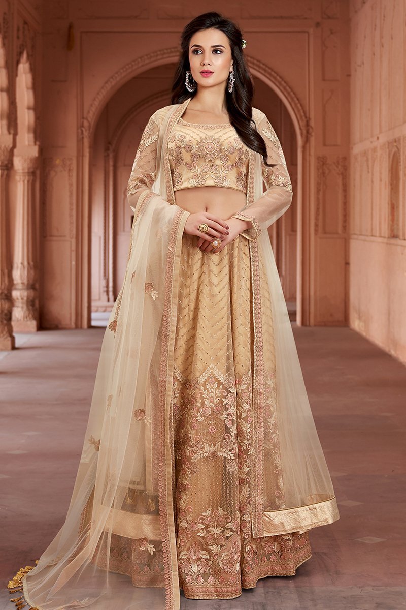 Golden Embroidered Net Anarkali Lehenga Style Suit