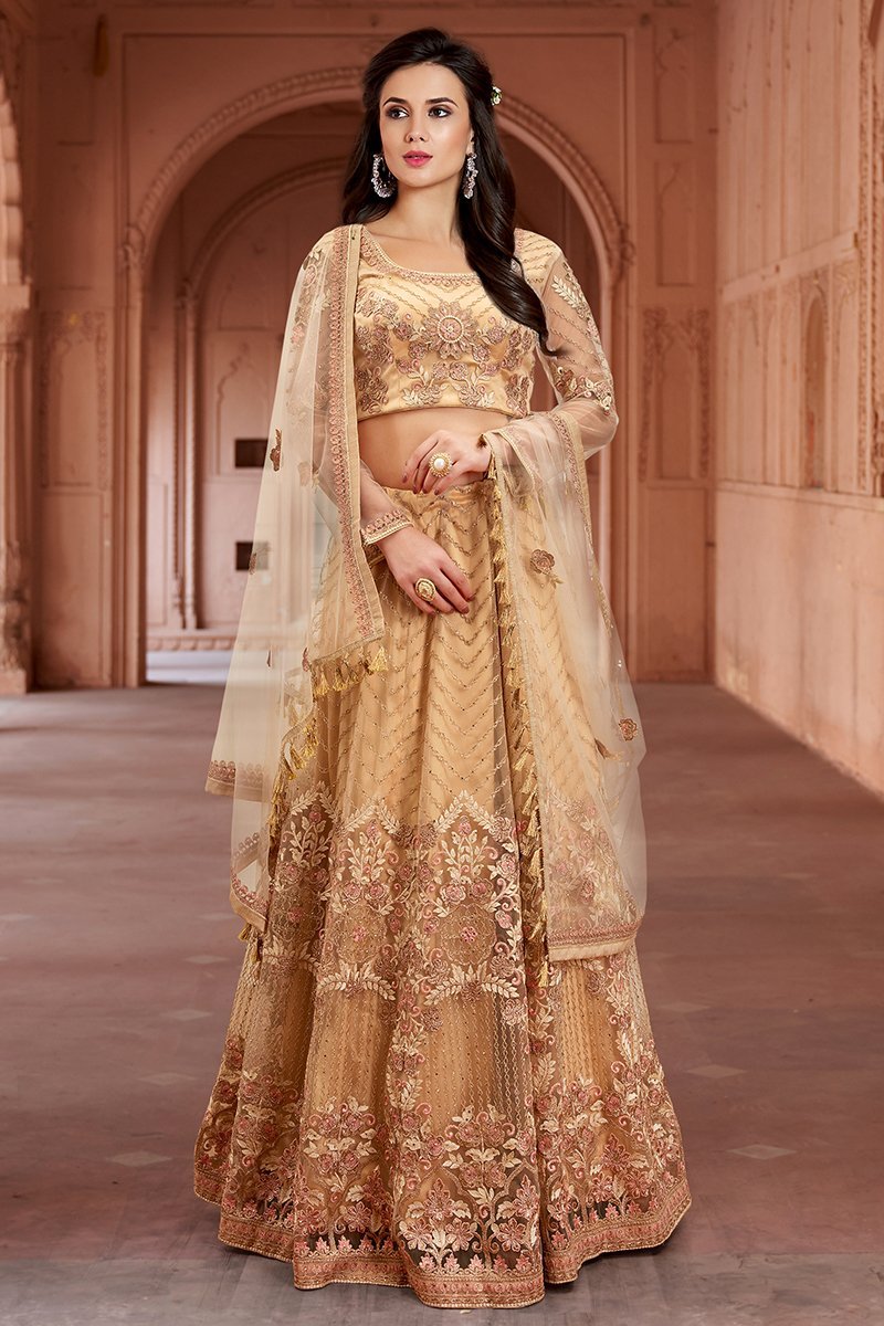 Golden Embroidered Net Anarkali Lehenga Style Suit
