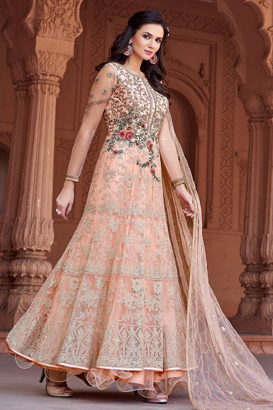 Peach Embroidered Net Party Wear Anarkali Suit