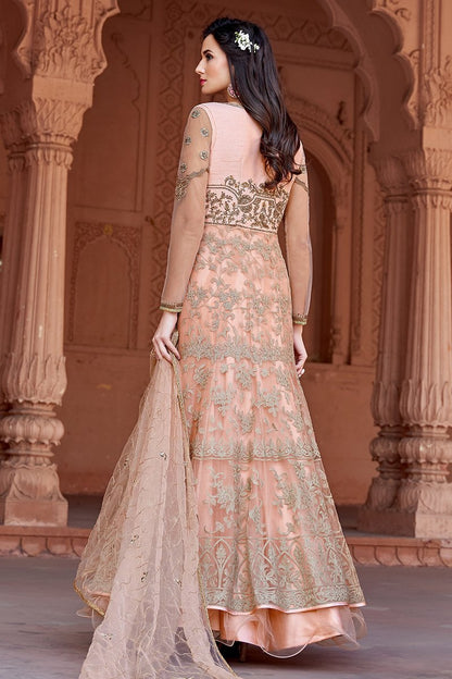 Peach Embroidered Net Party Wear Anarkali Suit