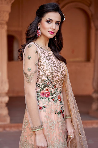 Peach Embroidered Net Party Wear Anarkali Suit