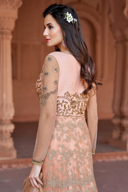 Peach Embroidered Net Party Wear Anarkali Suit
