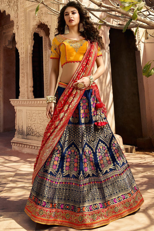 Berry Blue and Golden Silk Lehenga Choli
