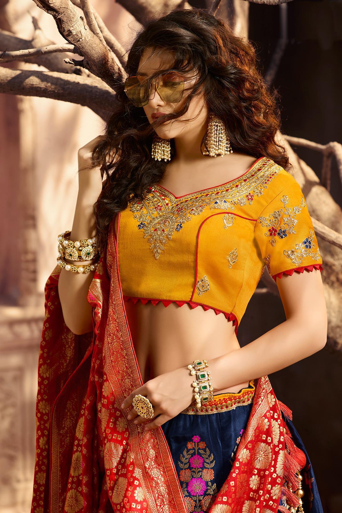 Berry Blue and Golden Silk Lehenga Choli