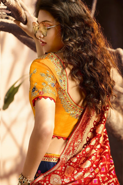 Berry Blue and Golden Silk Lehenga Choli