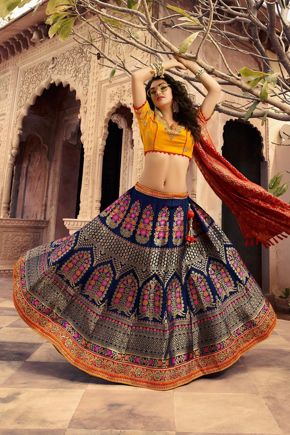 Berry Blue and Golden Silk Lehenga Choli