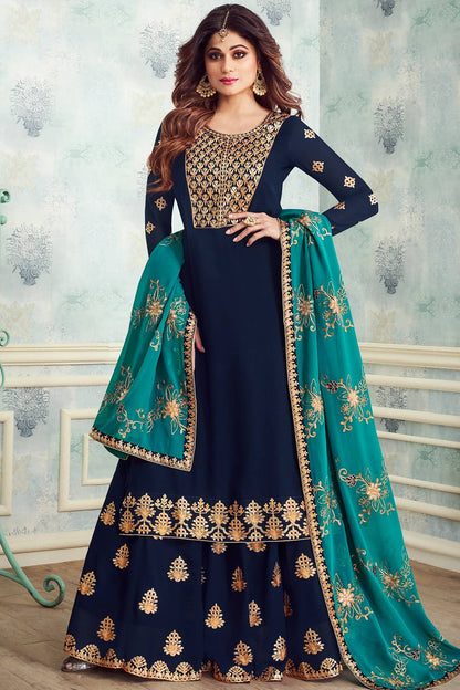 Berry Blue Designer Party Wear Sharara Suit