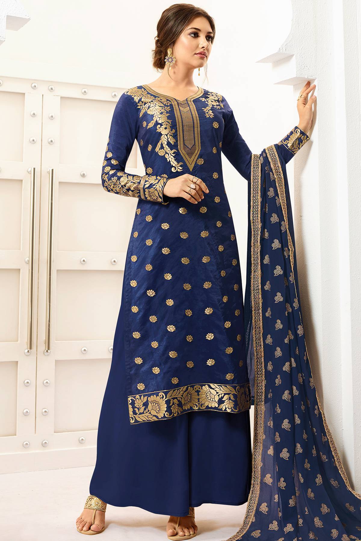 Berry Blue Designer Silk Palazzo Suit