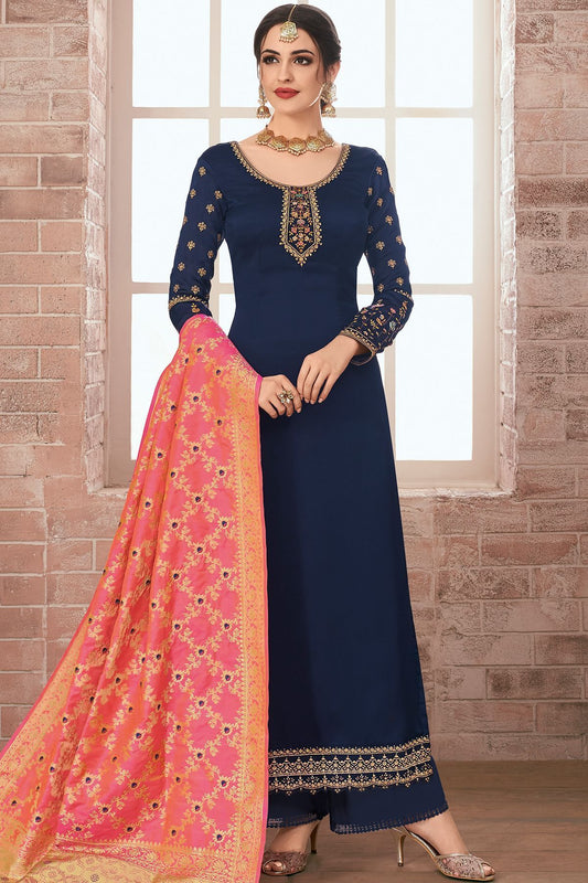 Berry Blue Embroidered Georgette Straight Suit