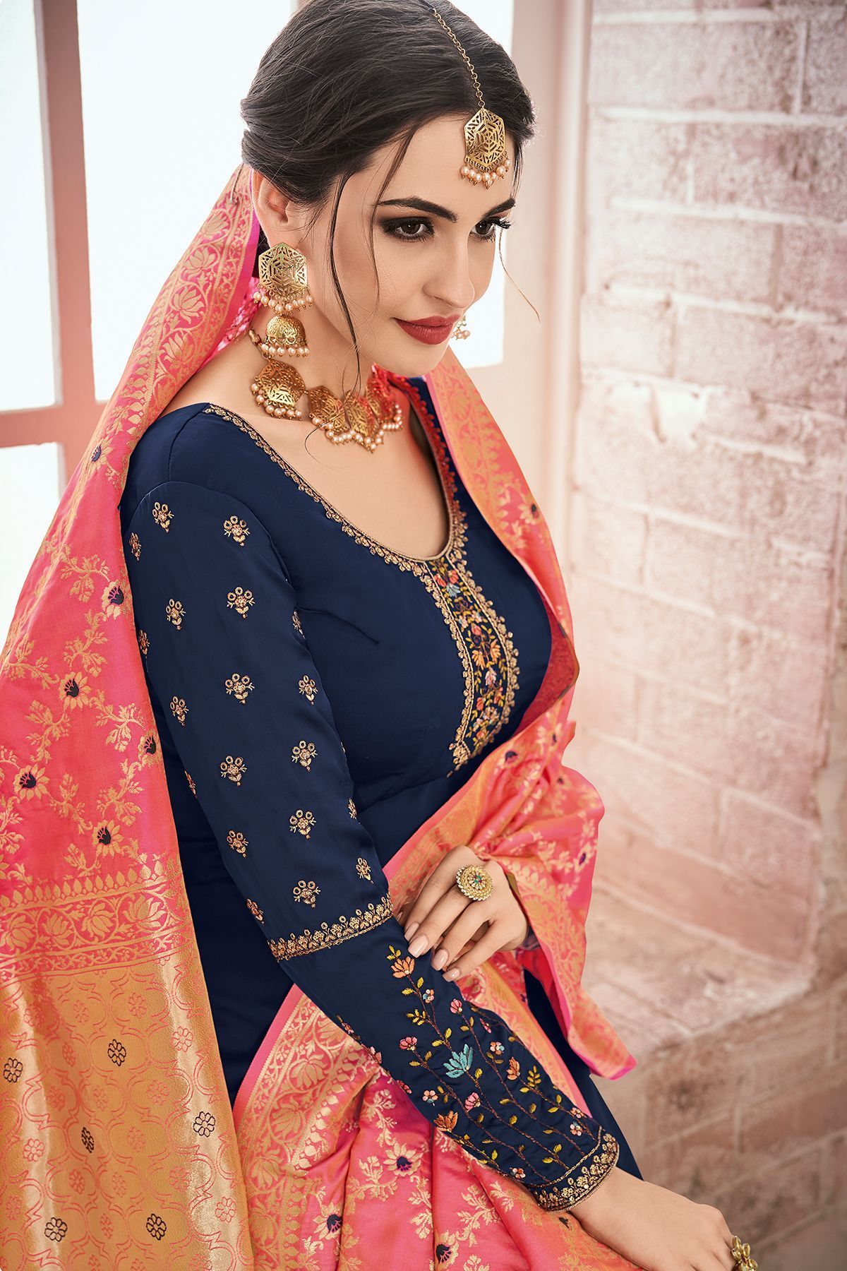 Berry Blue Embroidered Georgette Straight Suit