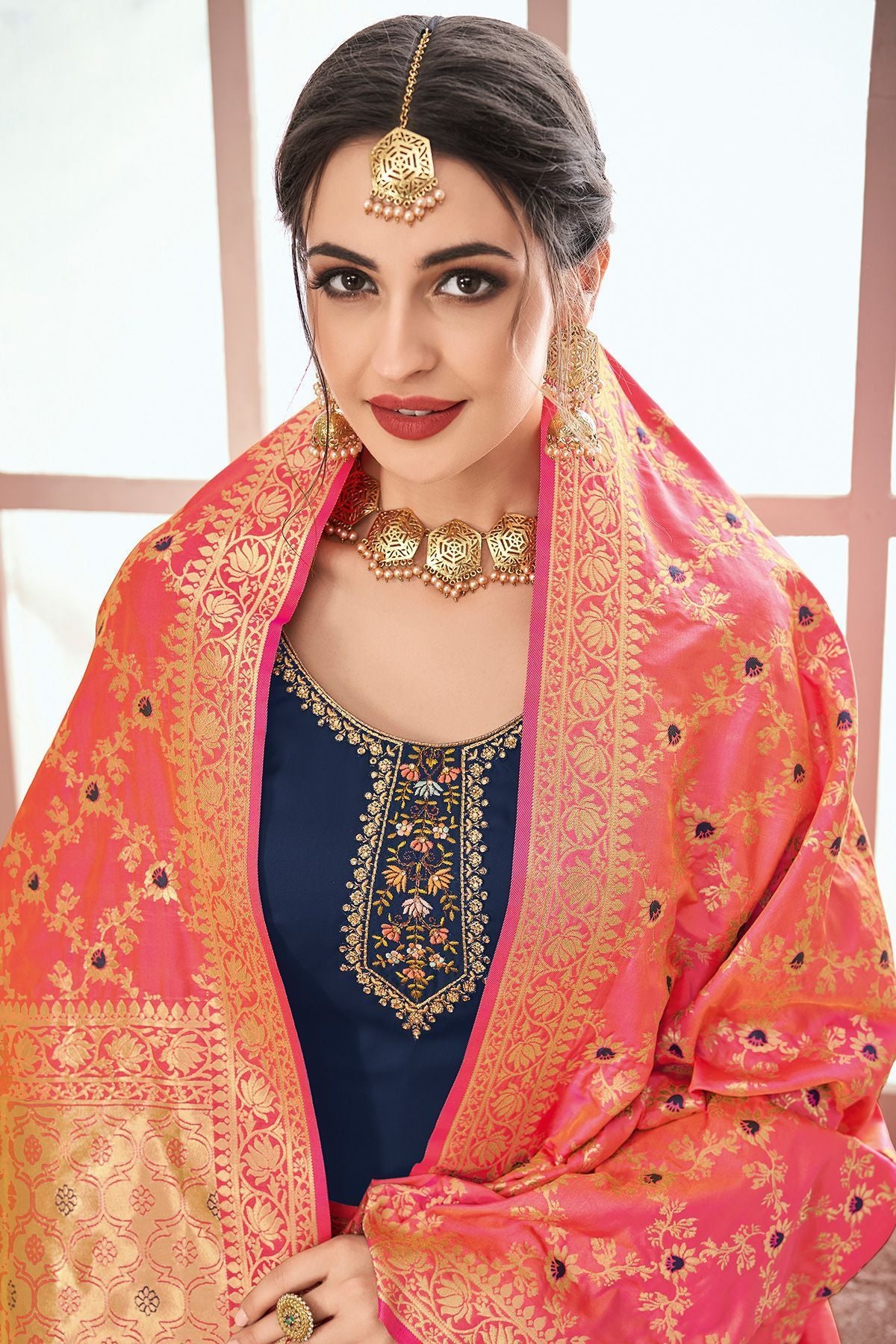 Berry Blue Embroidered Georgette Straight Suit