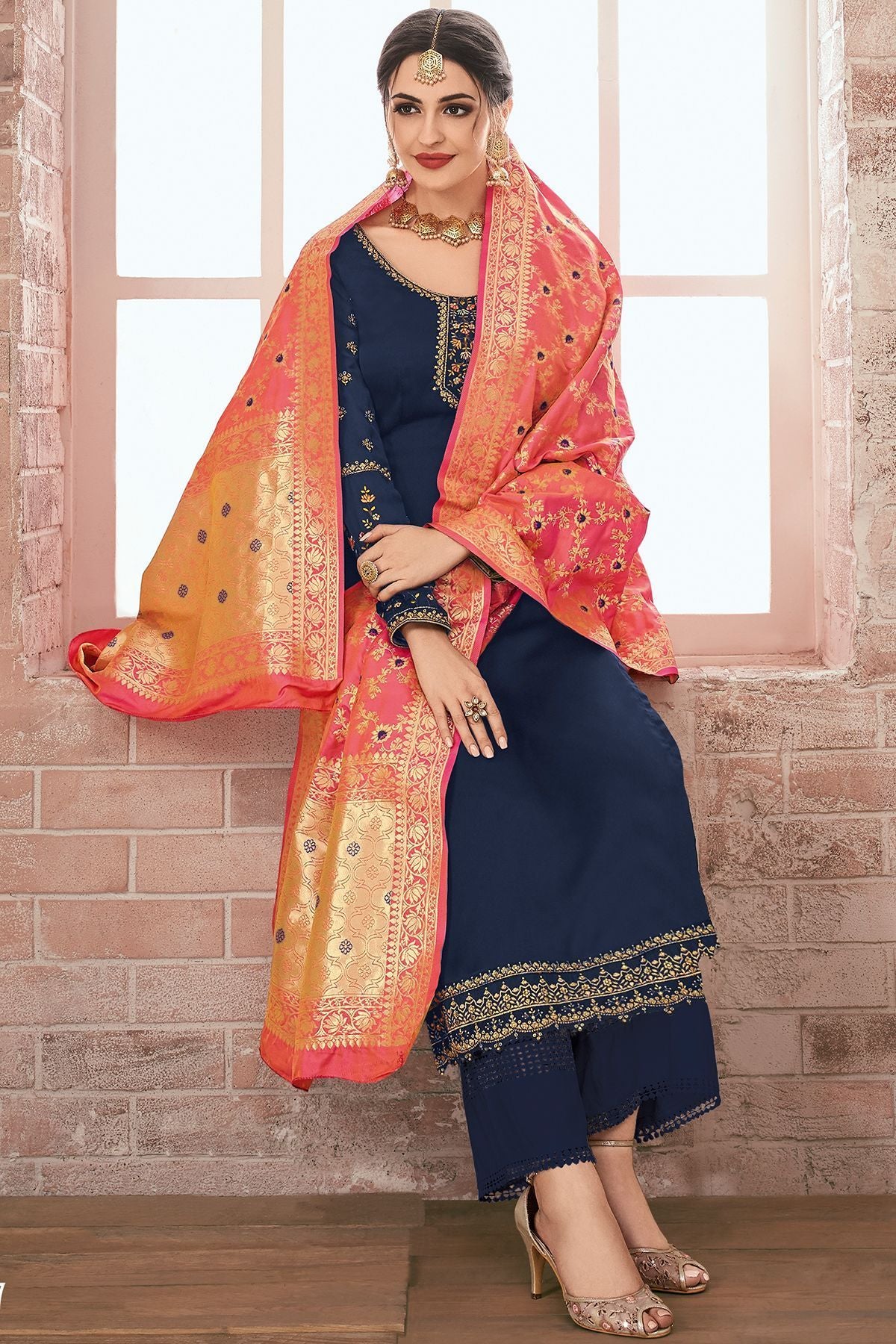 Berry Blue Embroidered Georgette Straight Suit