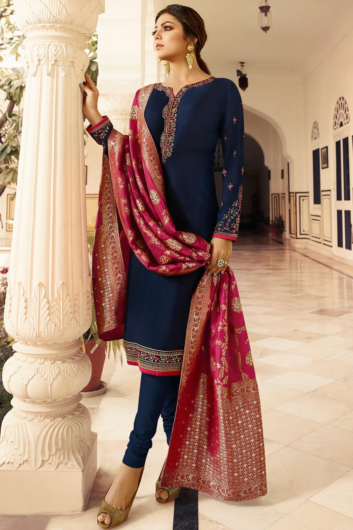 Berry Blue Embroidered Straight Suit