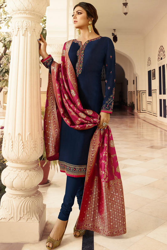 Berry Blue Embroidered Straight Suit