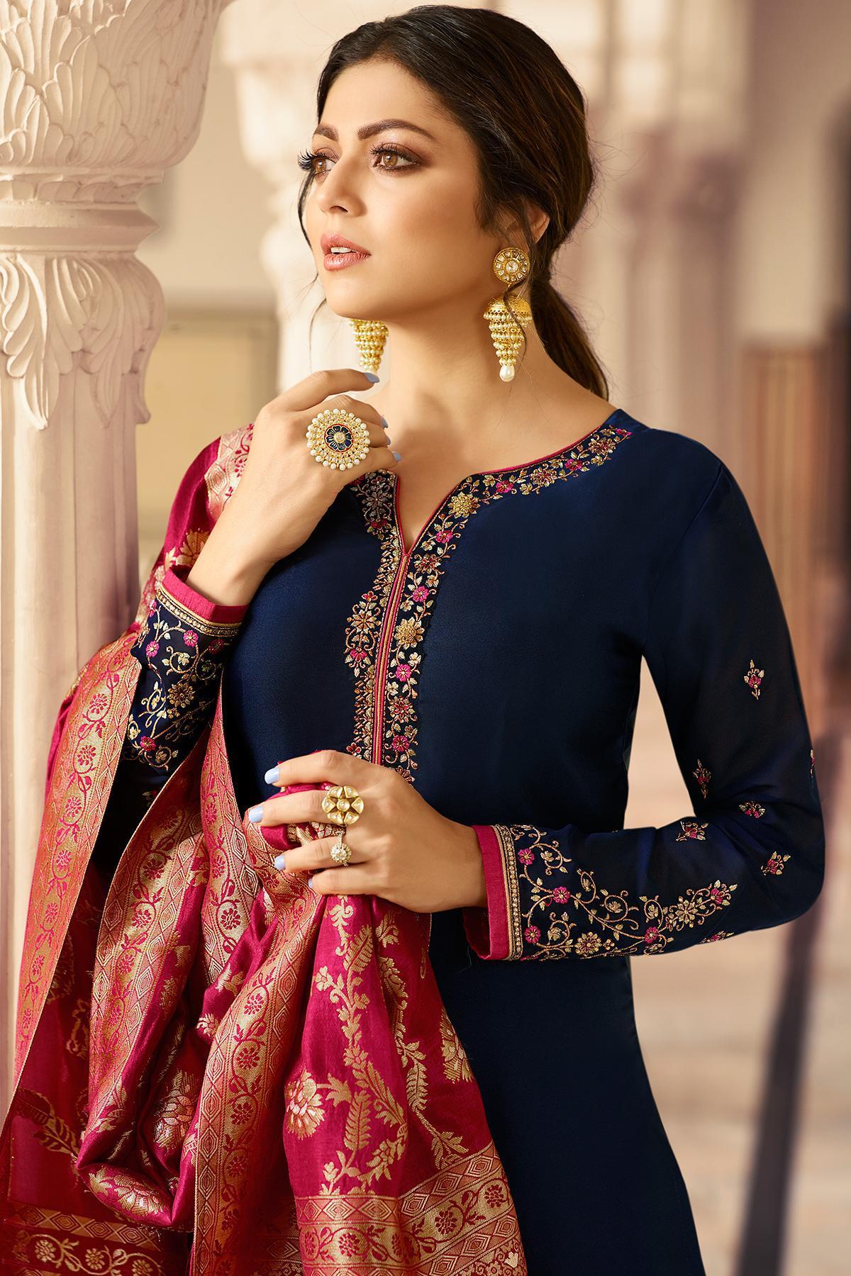 Berry Blue Embroidered Straight Suit