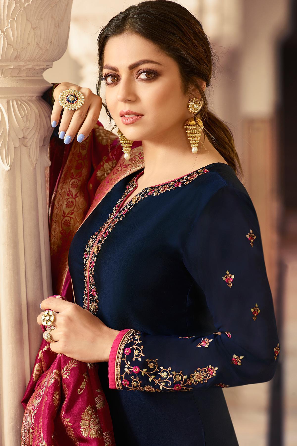 Berry Blue Embroidered Straight Suit
