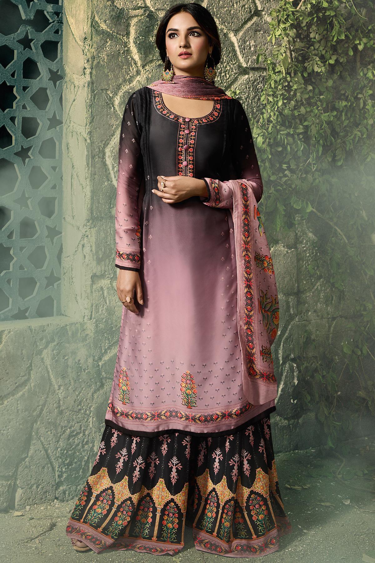 Black and Crape Pink Georgette Sharara Suit