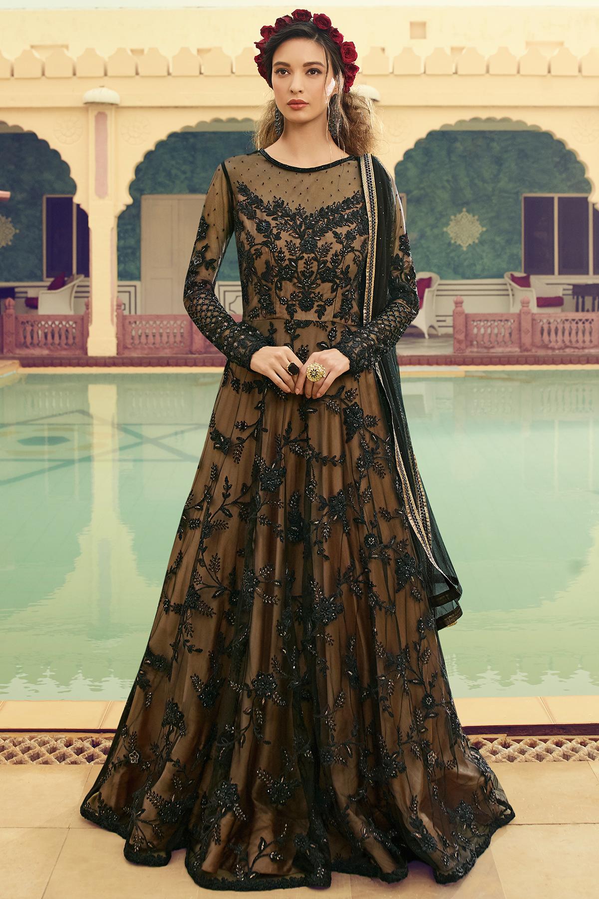 Black Designer Butterfly Net Anarkali Suit