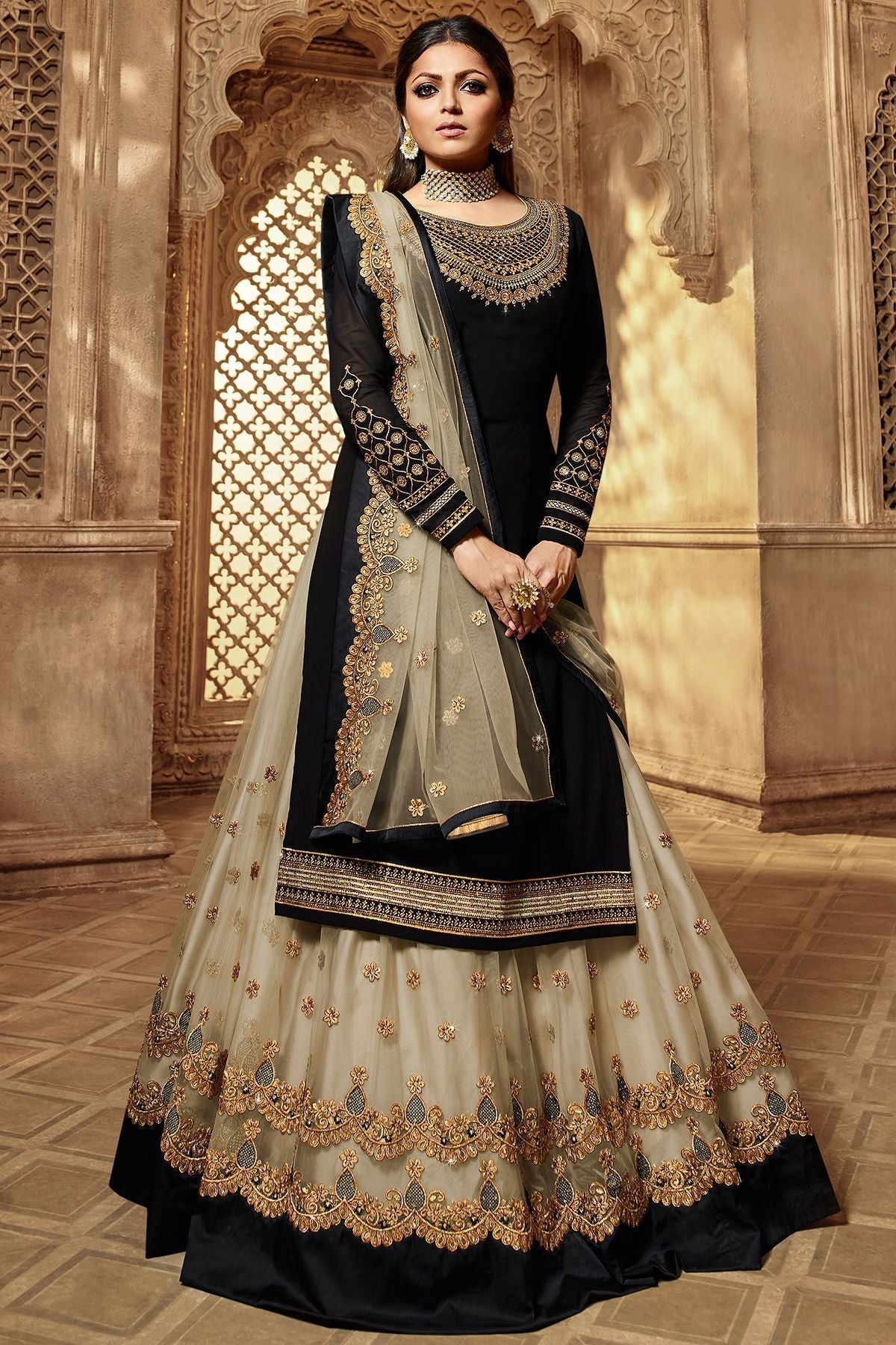 Black Designer Embroidered Lehenga Kurti Set