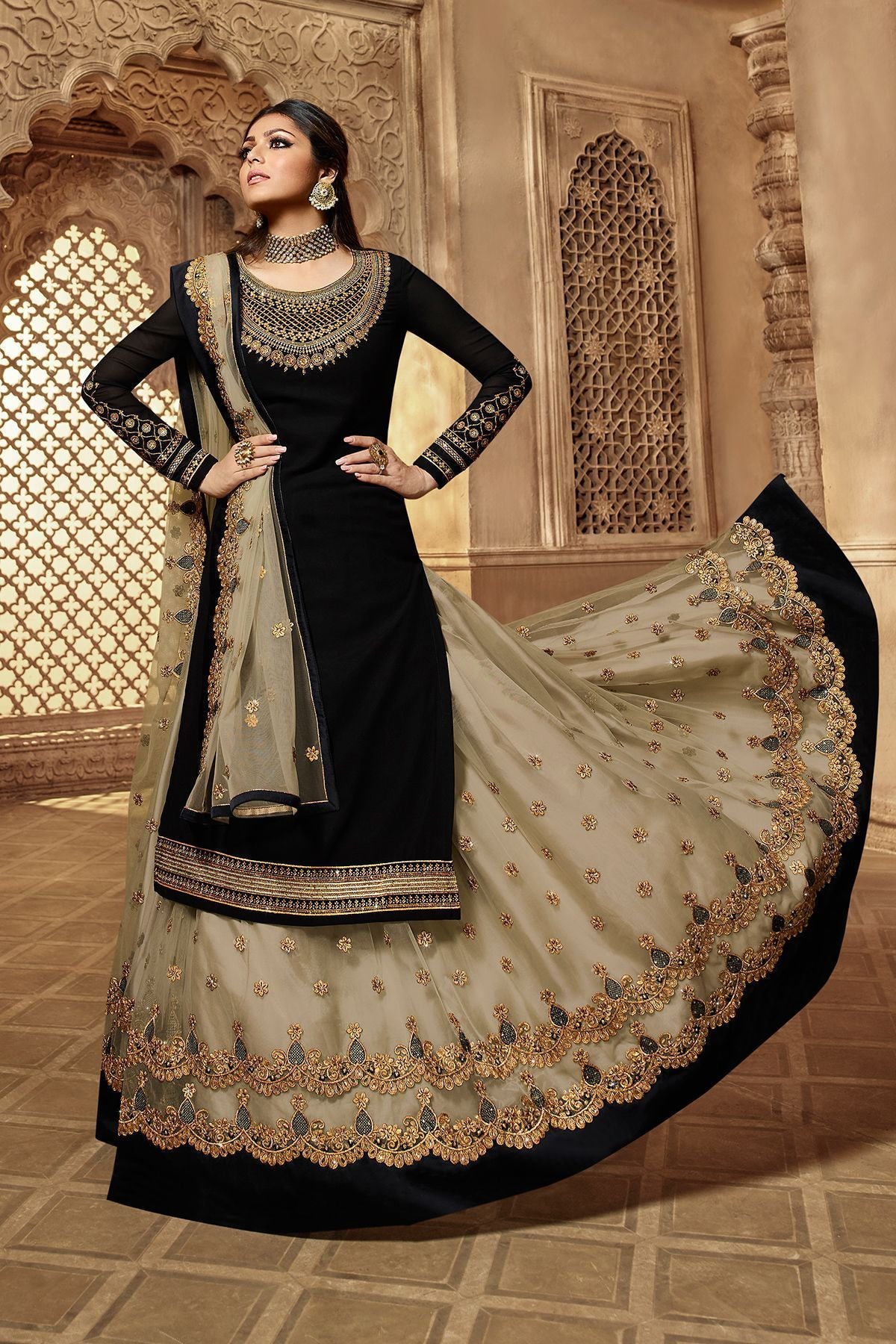 Black Designer Embroidered Lehenga Kurti Set