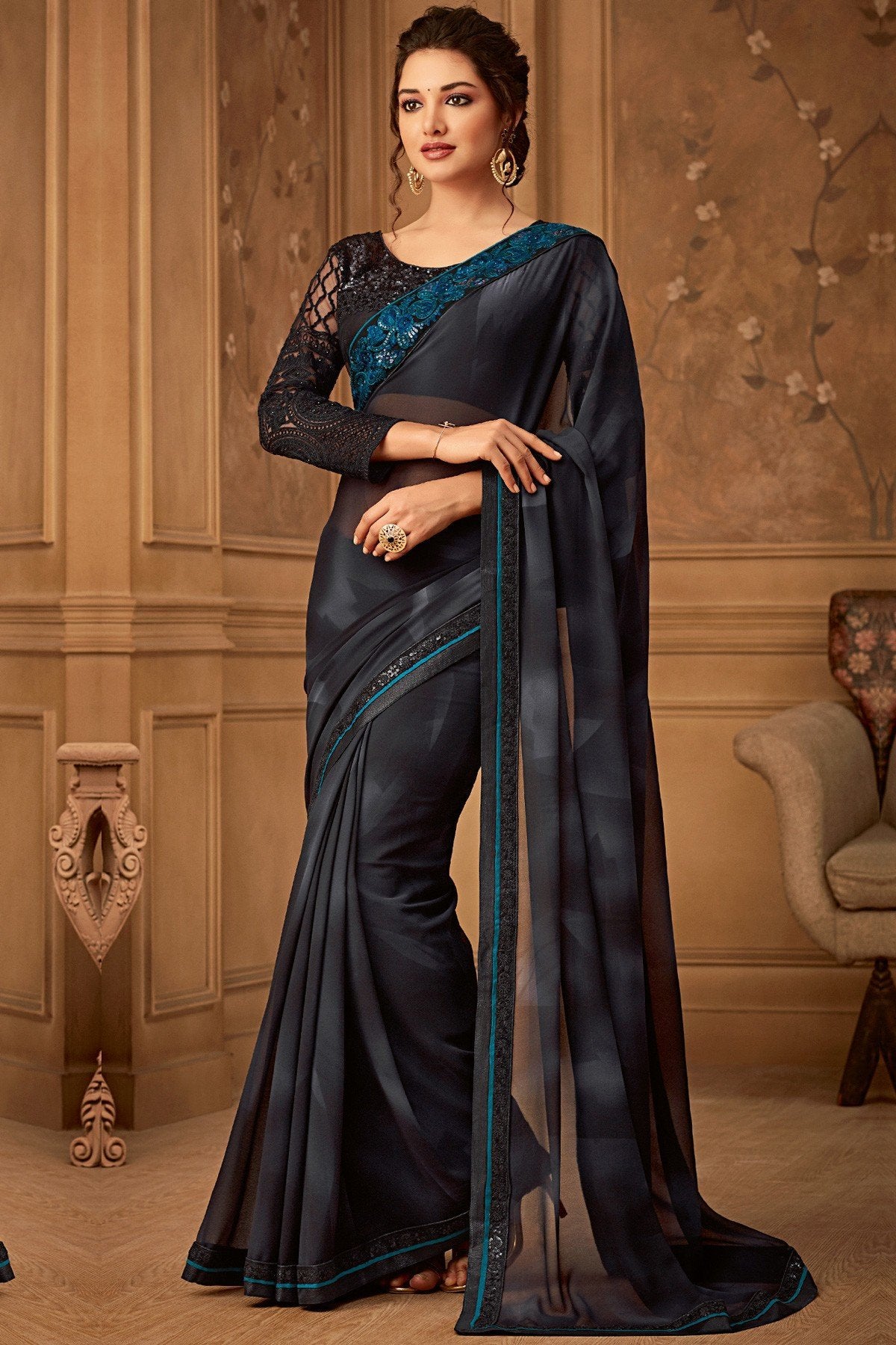 Black Designer Party Wear Georgette Sari