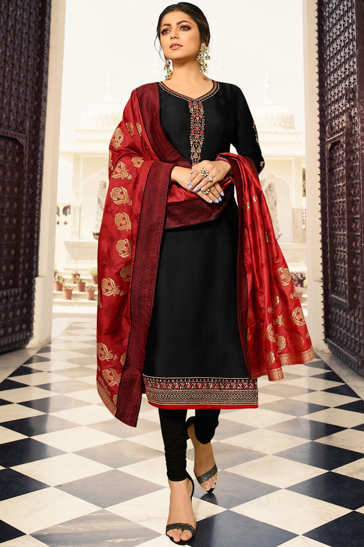 Black Embroidered Straight Suit