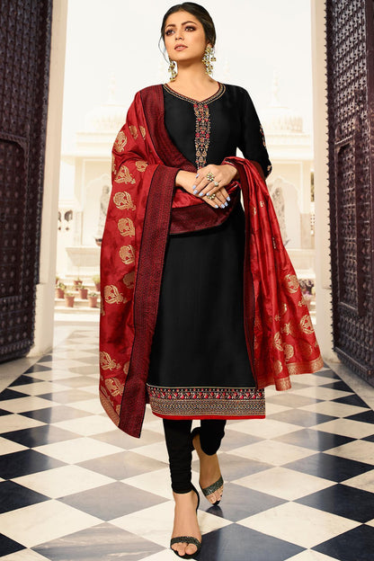 Black Embroidered Straight Suit