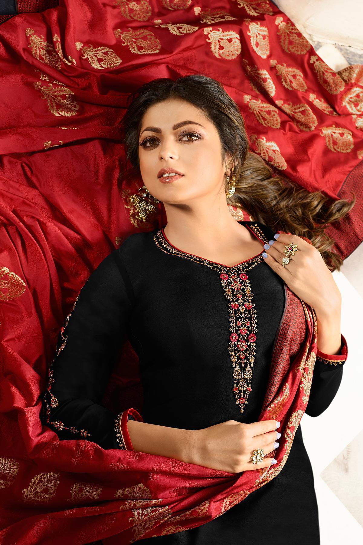 Black Embroidered Straight Suit