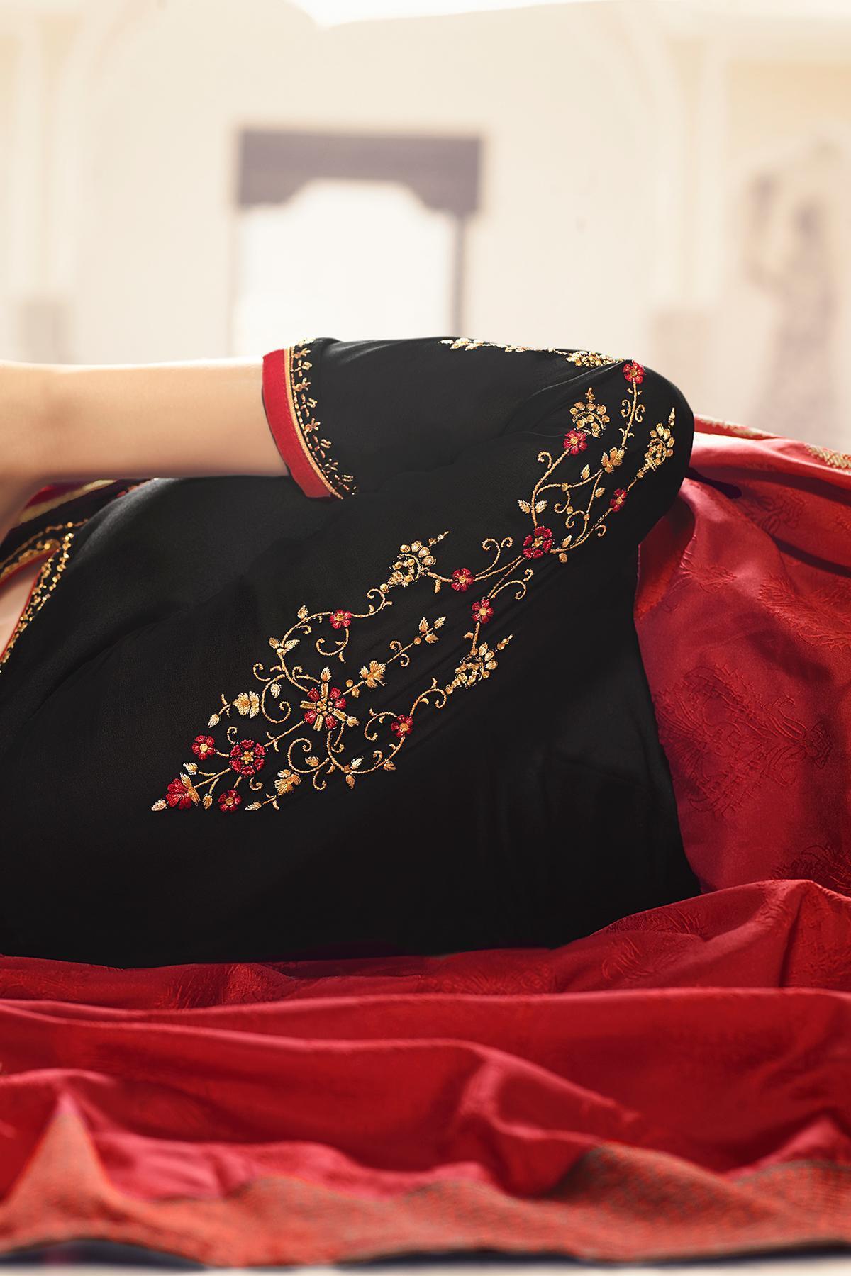 Black Embroidered Straight Suit
