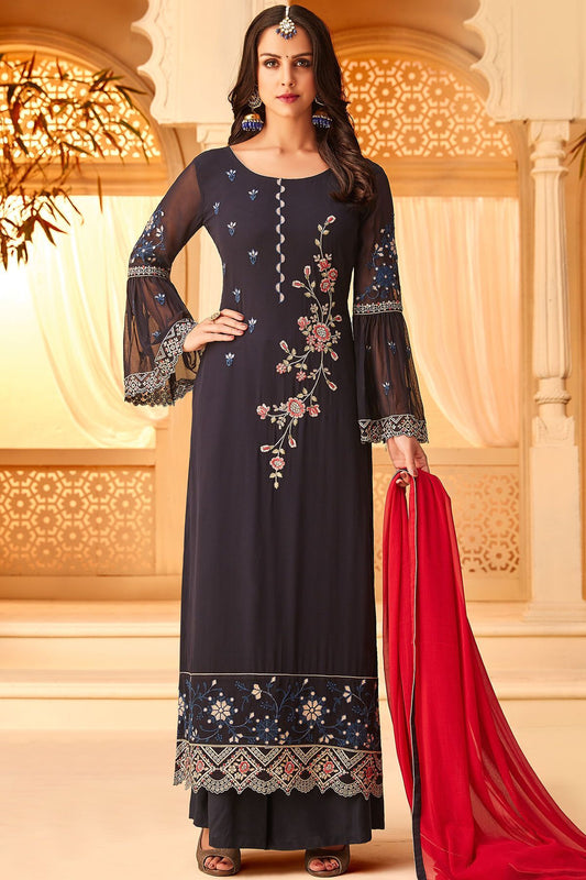 Black Georgette Embroidered Palazzo Suit