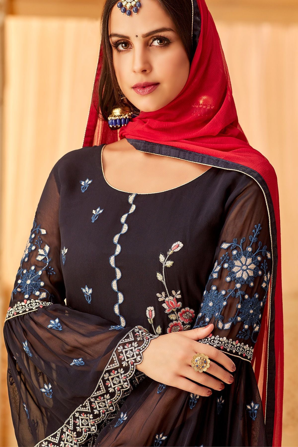 Black Georgette Embroidered Palazzo Suit