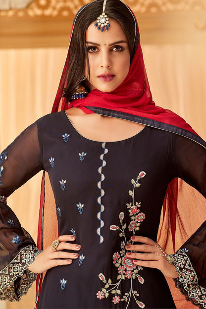 Black Georgette Embroidered Palazzo Suit