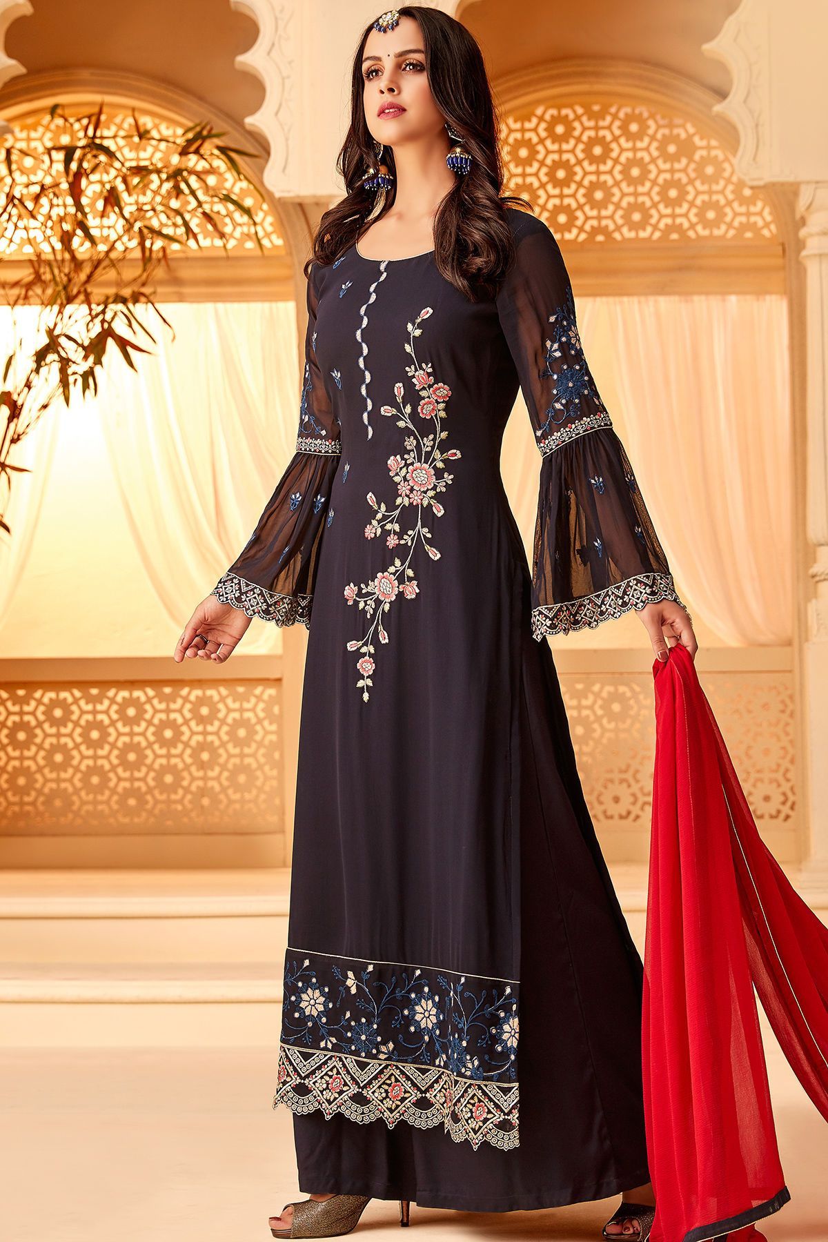 Black Georgette Embroidered Palazzo Suit